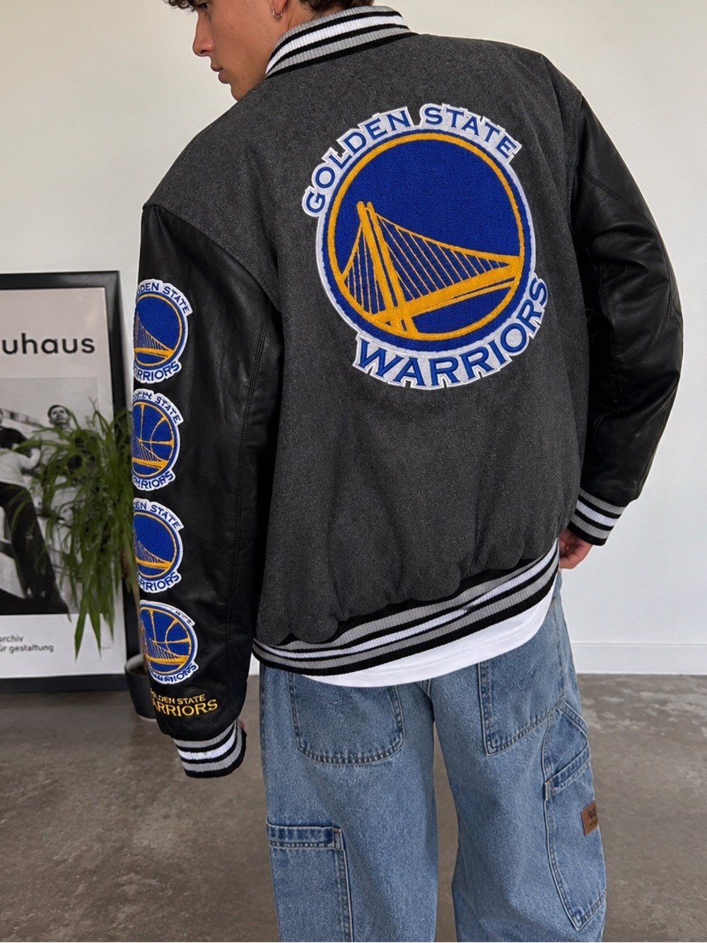 Golden State Warriors NBA UNK Varsity Jacket Wool Faux Leather Y2K Streetwear M